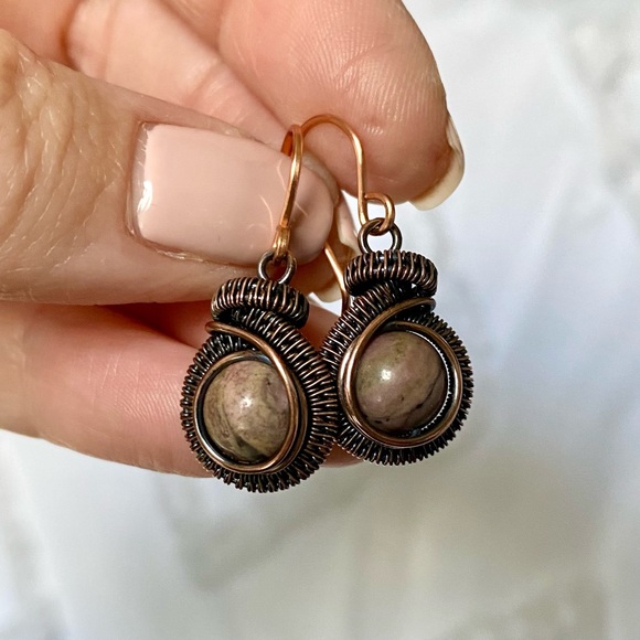 Handcrafted Rhodonite Wire Wrapped Copper Dangle Earrings - Picture 3 of 5